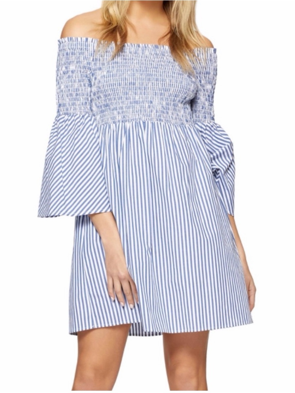 Zara Woman Smocked Striped Off-Shoulder Mini Dress/Tunic Blue & White XS